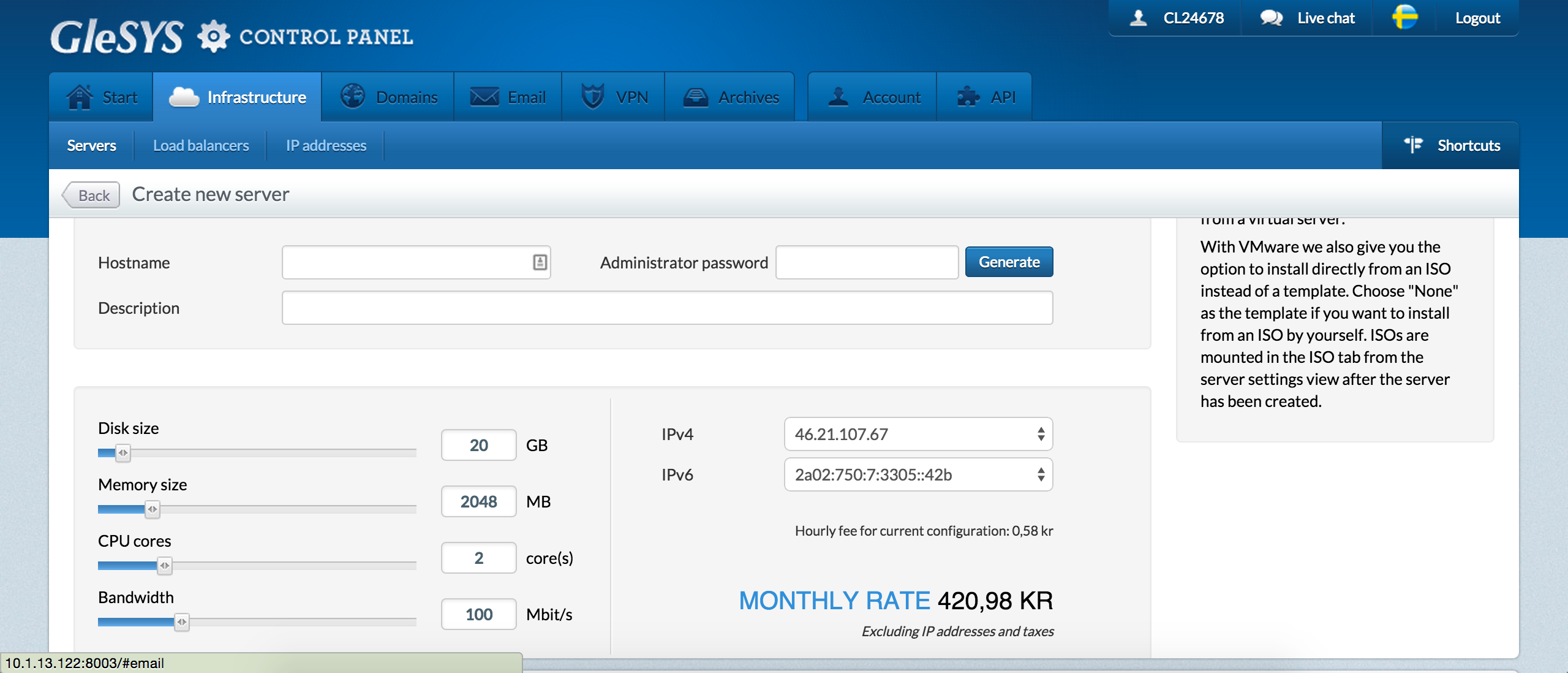 Create server Glesys