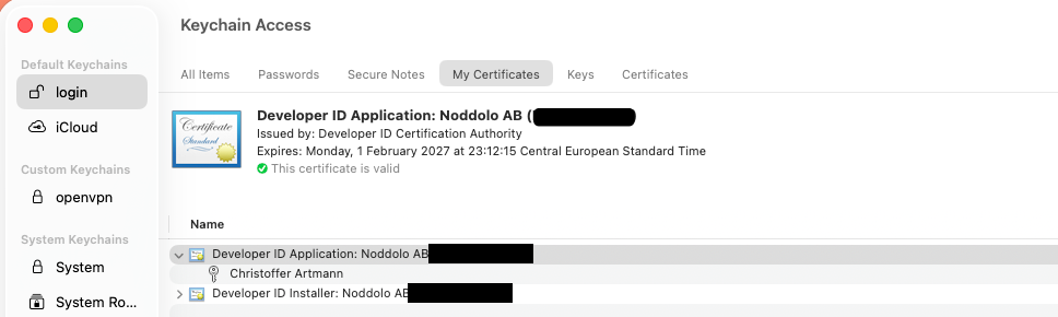 The Developer ID Application certificate expanded in Keychain Access, with its private key listed underneath